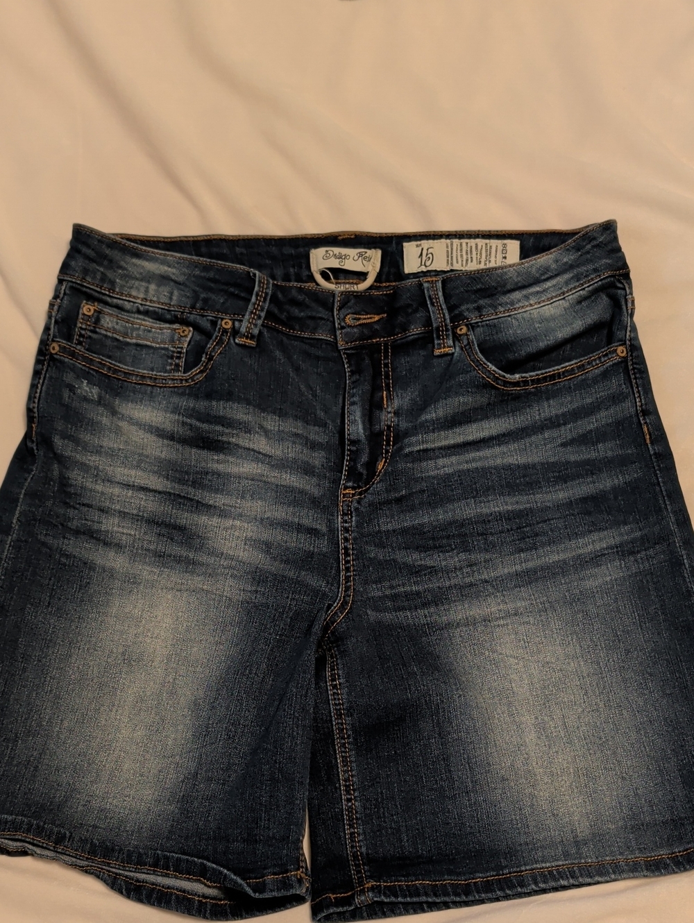 Indigo Rein Blue Denim Shorts with Tan Stitching